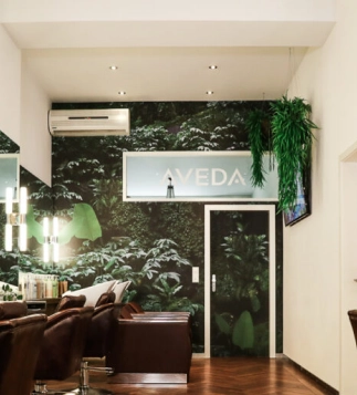 Aveda corner inside Eddine Belaid salon – Eco-luxury interior with premium sustainable haircare products in Switzerland
